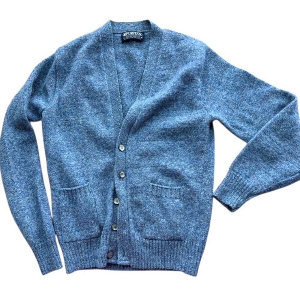 Vintage Puritan Mens Shetland Wool Grandpa Cardigan Blue Marled Size M